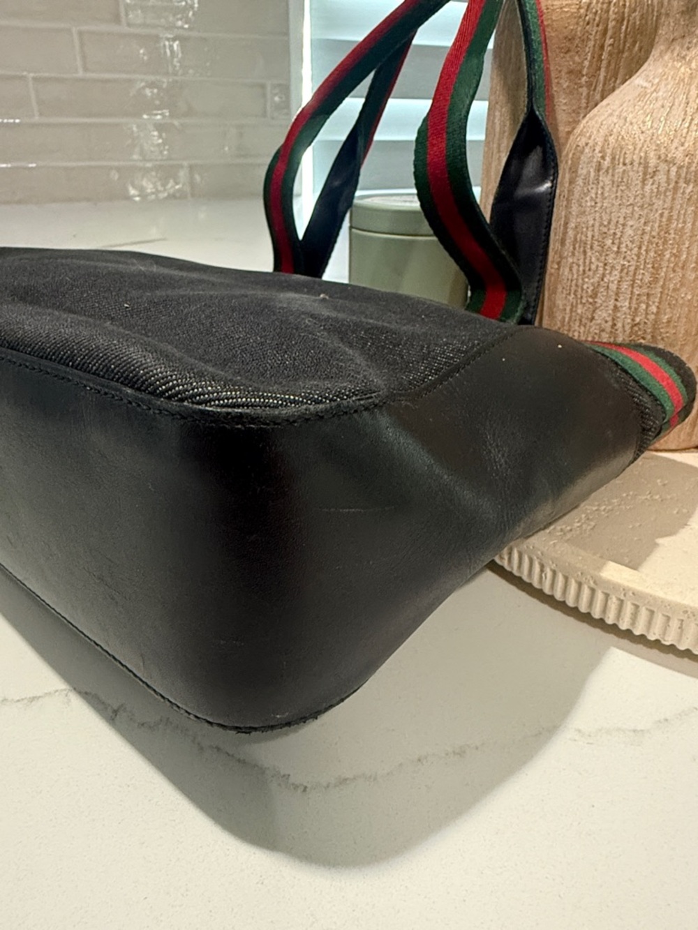 Gucci Vintage Sherry Line Gray Tote with Green & Red Web Straps RARE Canvas EUC - Picture 10 of 12